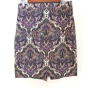 J.Crew The Pencil Skirt Purple Green Paisley Cotton Stretch Size 8 Back Zipper